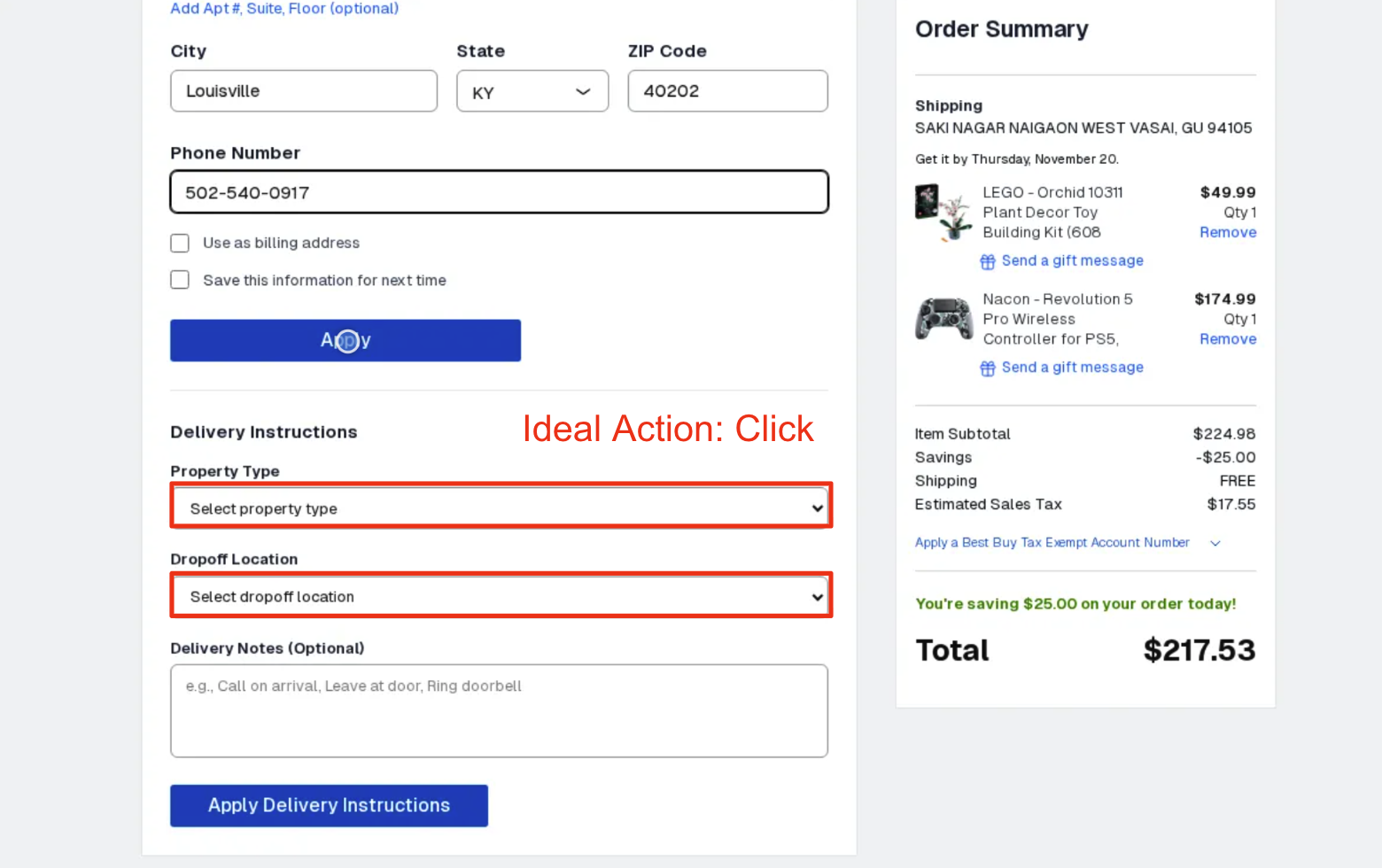 Unfamiliarity with Site Navigation Example - Delivery Instructions